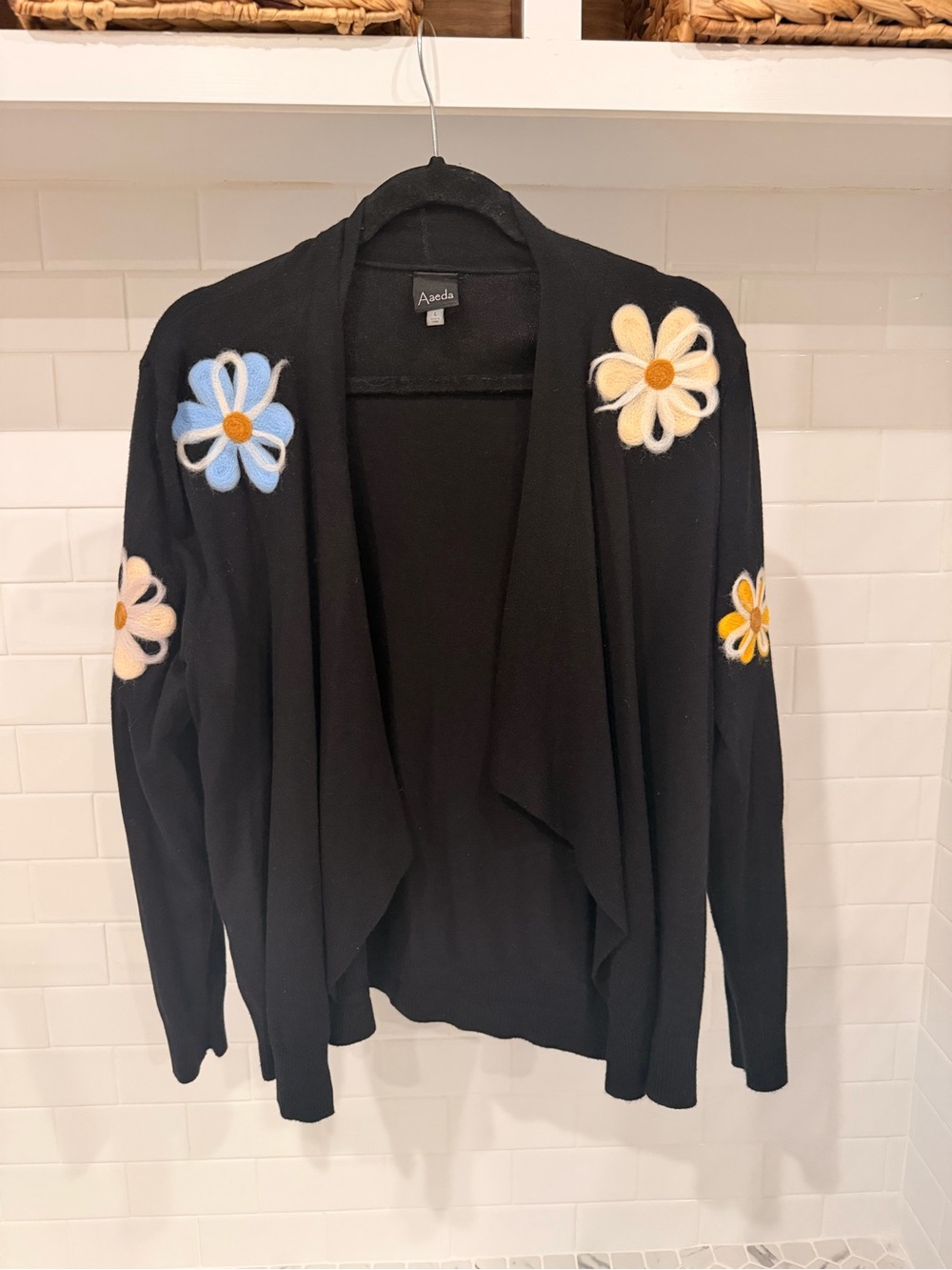 AVEDA Black Open-Front Cardigan with Multicolor Flower Appliqués